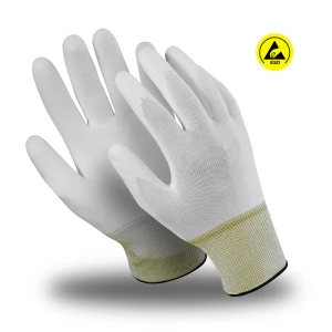 Перчатки МИКРОСТАТИК (MG-164), ESD, нейлон/карбон, полиуретан частичный, оверлок из термонити, цвет серо-белый Пер 732