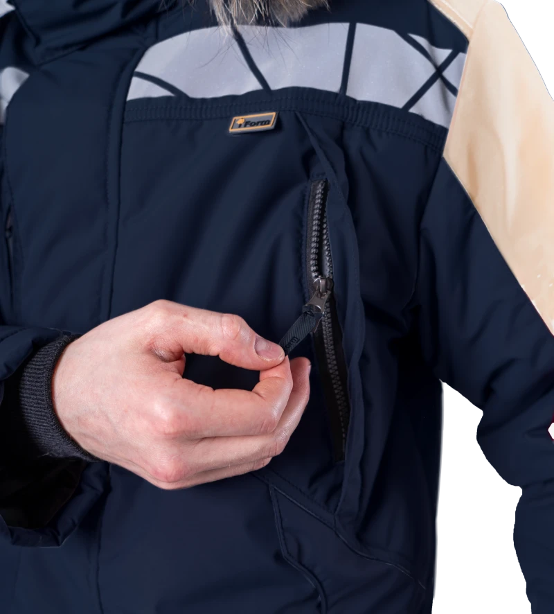 Куртка мужская ХАЙ-ТЕК SAFETY от пониженных температур воздуха и ветра, механических воздействий и ОПЗ, синий/бежевый Кур 214